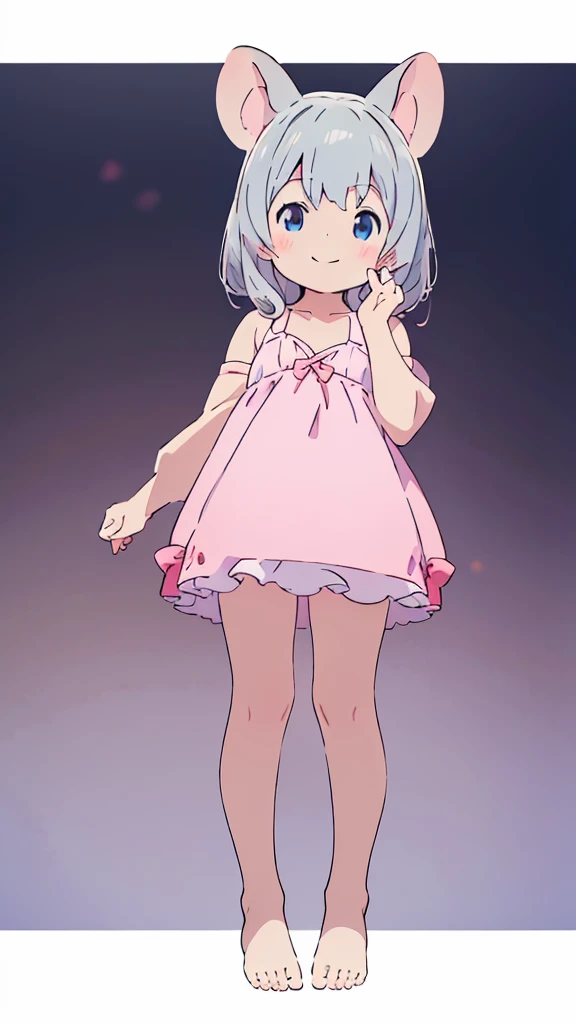 ((masterpiece))((Highest quality))Mouse Ears、girl、smile、blush、Flat Chest、Are thin、、low length、Gray Hair、blush、Are standing、Whole body image、Even your toes are visible、Eye level on face、front、No background、Mouse pose、真frontのアングル、