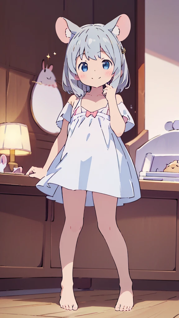 ((masterpiece))((Highest quality))Mouse Ears、girl、smile、blush、Flat Chest、Are thin、、low length、Gray Hair、blush、Are standing、Whole body image、Even your toes are visible、Eye level on face、front、No background、Mouse pose、真frontのアングル、