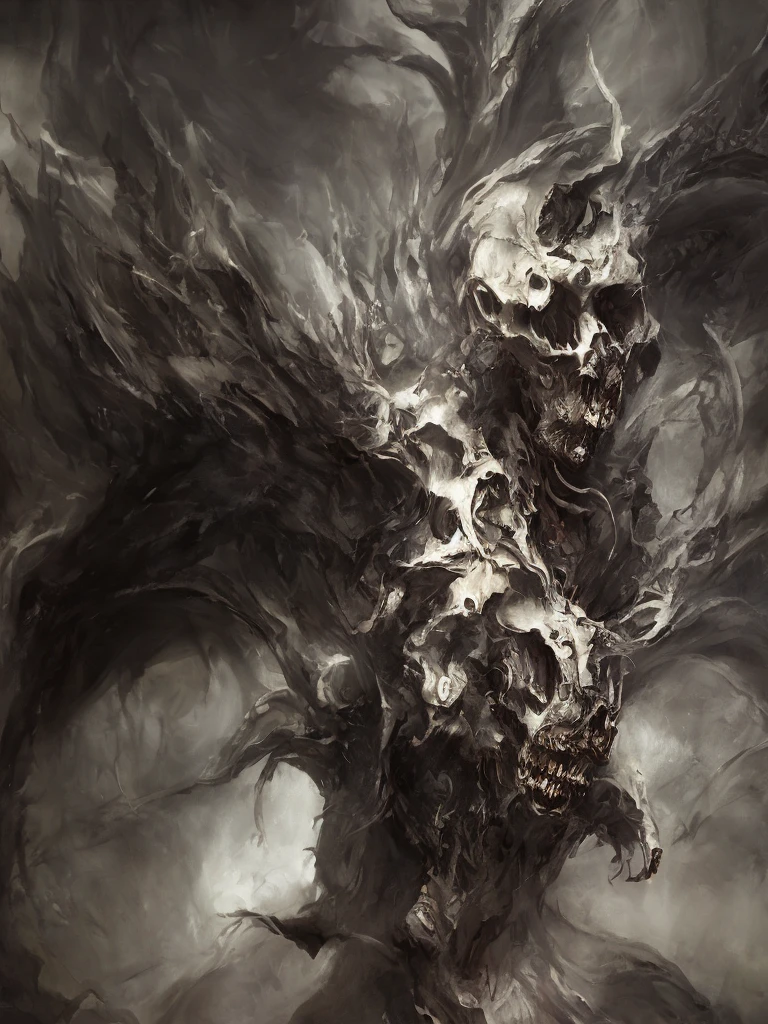 The Grim Reaper, horrifying apparition, menacing, high chaos, dark academia atmosphere, intricate work by Johan Grenier style, Alyssa Monks style