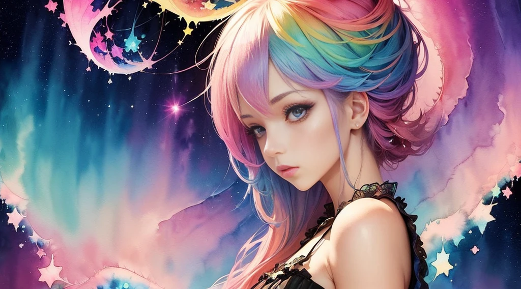 (masterpiece, top quality, best quality,watercolor (medium),official art, beautiful and aesthetic:1.2),(1girl:1.3), (fractal art:1.3),upper body, from side, looking at viewer,patterns,(rainbow color Hair,colorful hair,half blue and half pink hair:1.2),water,liquid, cloud,colorful, starry,stars,