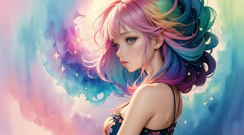 (masterpiece, top quality, best quality,watercolor (medium),official art, beautiful and aesthetic:1.2),(1girl:1.3), (fractal art:1.3),upper body, from side, looking at viewer,patterns,(rainbow color Hair,colorful hair,half blue and half pink hair:1.2),water,liquid, cloud,colorful, starry,stars,