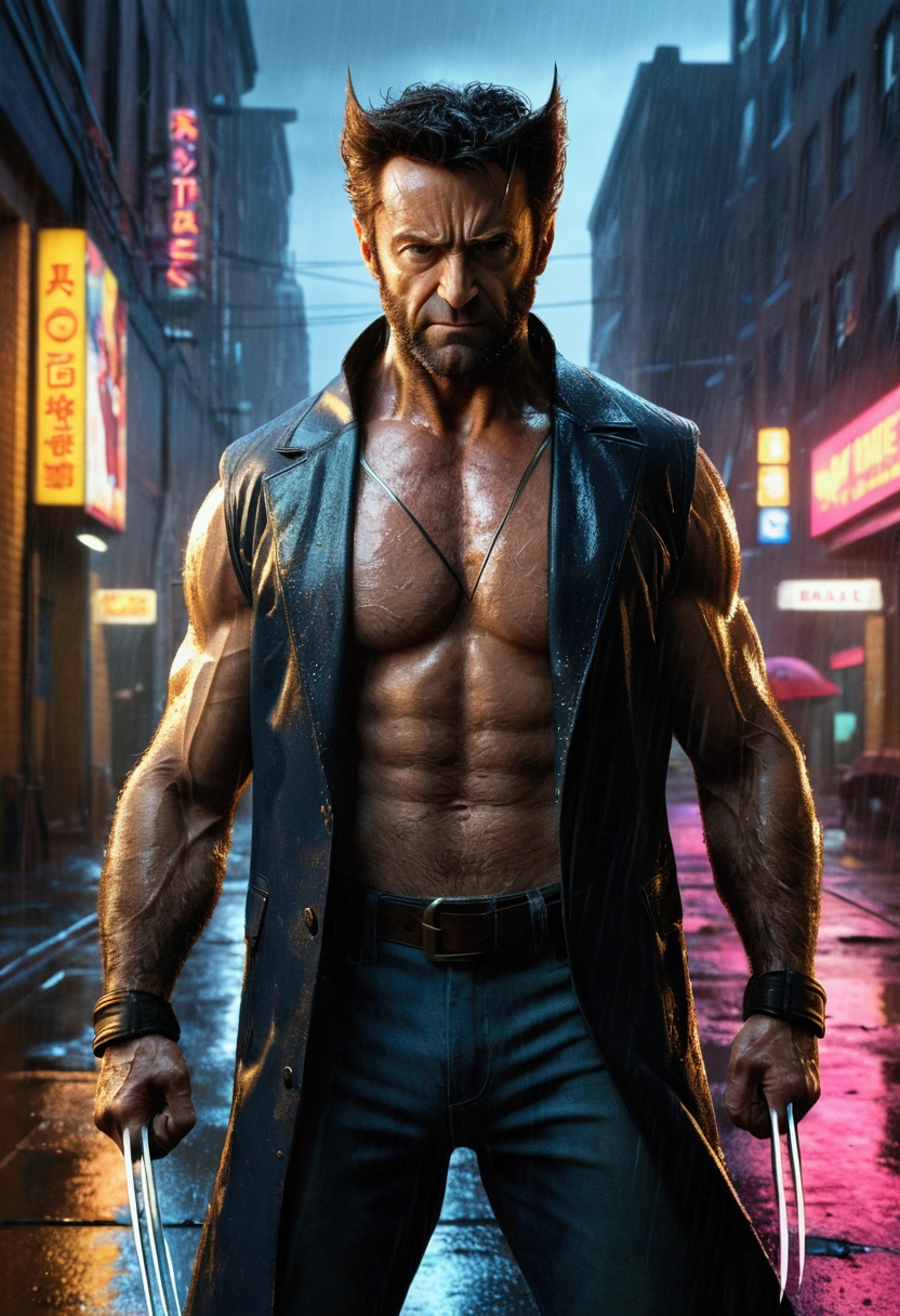 A highly detailed, photorealistic portrait of Wolverine from the Marvel universe, standing outside the city of City 17 in a rainy environment, (best quality,4k,8k,highres,masterpiece:1.2),ultra-detailed,(realistic,photorealistic,photo-realistic:1.37), HDR, UHD, studio lighting, physically-based rendering, sharp focus, vivid colors, cinematic lighting, dramatic atmosphere, dystopian, cyberpunk, moody, rain effects, puddles, neon lights, gritty, grungy, Ray Traced, Octane Render