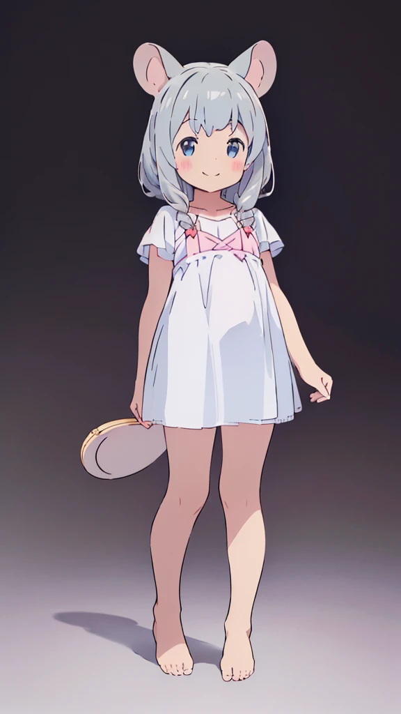 ((masterpiece))((Highest quality))Mouse Ears、girl、smile、blush、Flat Chest、Are thin、、low length、Gray Hair、blush、Are standing、Whole body image、Even your toes are visible、Eye level on face、front、No background、Mouse pose、真frontのアングル、