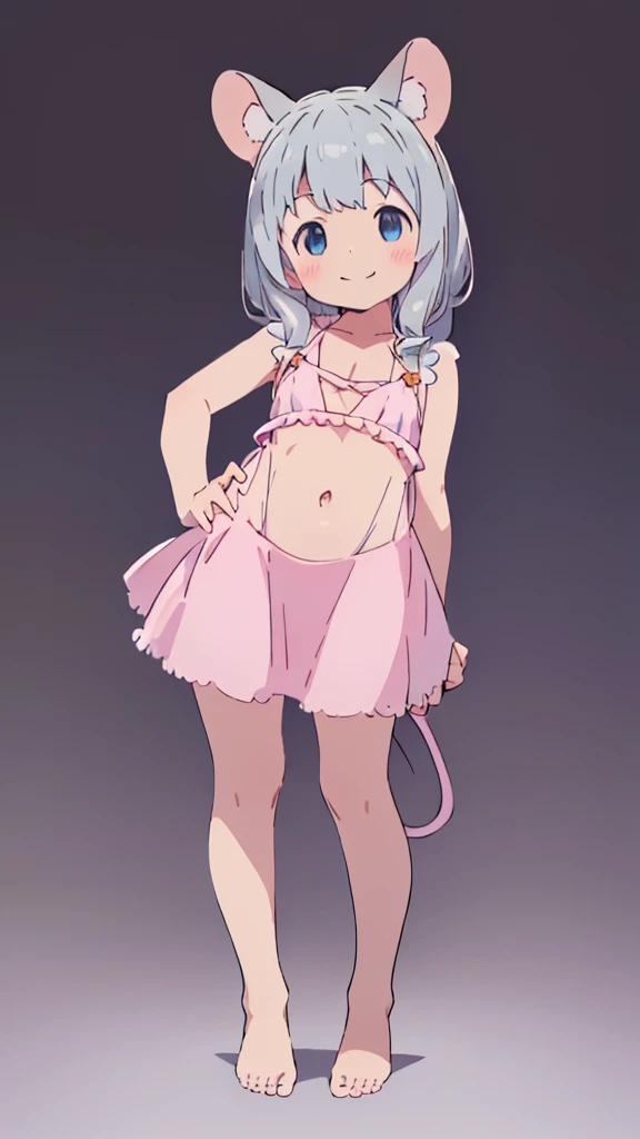 ((masterpiece))((Highest quality))Mouse Ears、girl、smile、blush、Flat Chest、Are thin、、low length、Gray Hair、blush、Are standing、Whole body image、Even your toes are visible、Eye level on face、front、No background、Mouse pose、真frontのアングル、