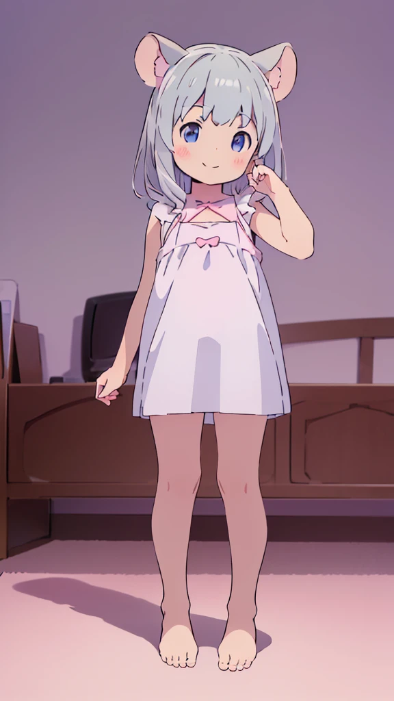 ((masterpiece))((Highest quality))Mouse Ears、girl、smile、blush、Flat Chest、Are thin、、low length、Gray Hair、blush、Are standing、Whole body image、Even your toes are visible、Eye level on face、front、No background、Mouse pose、真frontのアングル、