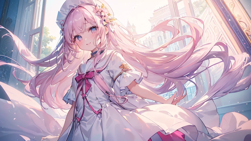 (Asahi), ((Beautiful eyes)), (((The best smile,))), (((Highest quality、masterpiece、Ultra-fine、Ultra-fine、Exquisite、16K、Full HD,high school girl))) 、Long eyelashes、White skin、(thin and long)、 ((cute)) ((One person)),up,(A magnificent composition、epic proportion)、(Pale pink lips、Pale pink cheeks、thin and long)、Dynamic lighting,