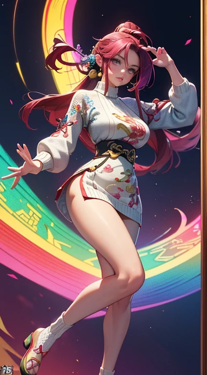 nighttime,full body,KOF:Mai Shiranui ,(((Wearing vibrant rainbow color scheme art, Suzhou embroidery technology; knitted sweater hole dress))),The mirror, Masterpiece,best quality,official art,extremely detailed 3DCG unity 8k, ( ##tattoo ##,tattoo, ~+ tattoo),(Perfect female curves, huge breast),(A seductive gaze), Facing the camera, Pink lips,Delicate fingers and hands,magic hour, Rembrandt lighting, front lighting and fill lighting, hard shadow, Arnold render,