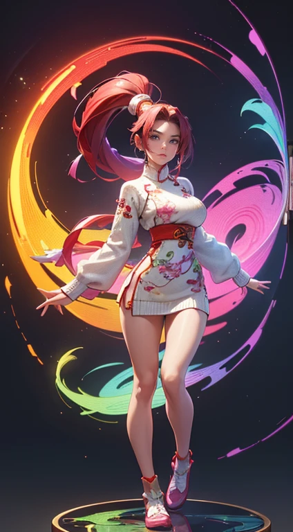 nighttime,full body,KOF:Mai Shiranui ,(((Wearing vibrant rainbow color scheme art, Suzhou embroidery technology; knitted sweater hole dress))),The mirror, Masterpiece,best quality,official art,extremely detailed 3DCG unity 8k, ( ##tattoo ##,tattoo, ~+ tattoo),(Perfect female curves, huge breast),(A seductive gaze), Facing the camera, Pink lips,Delicate fingers and hands,magic hour, Rembrandt lighting, front lighting and fill lighting, hard shadow, Arnold render,