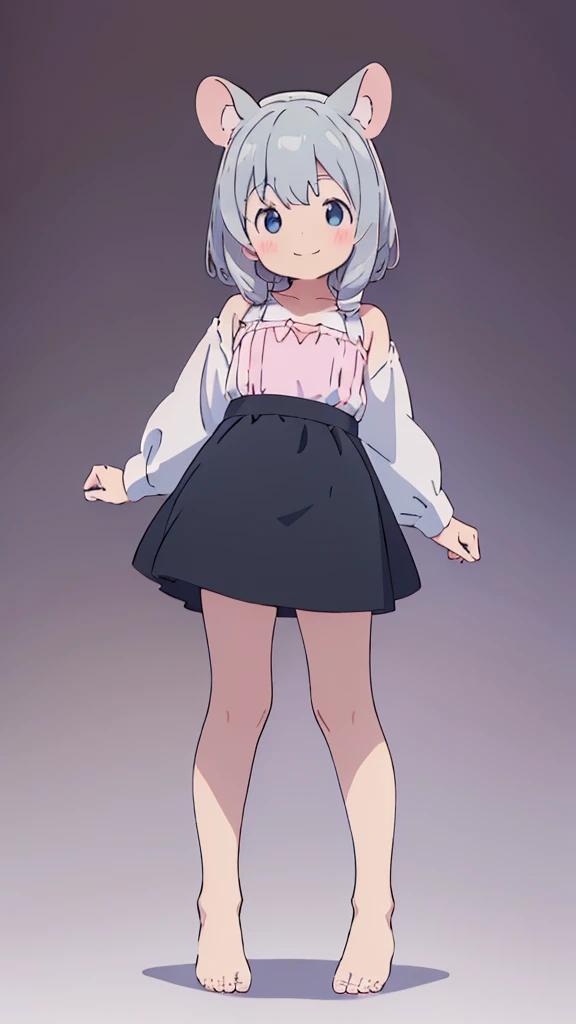 ((masterpiece))((Highest quality))Mouse Ears、girl、smile、blush、Flat Chest、Are thin、、low length、Gray Hair、blush、Are standing、Whole body image、Even your toes are visible、Eye level on face、front、No background、Mouse pose、真frontのアングル、