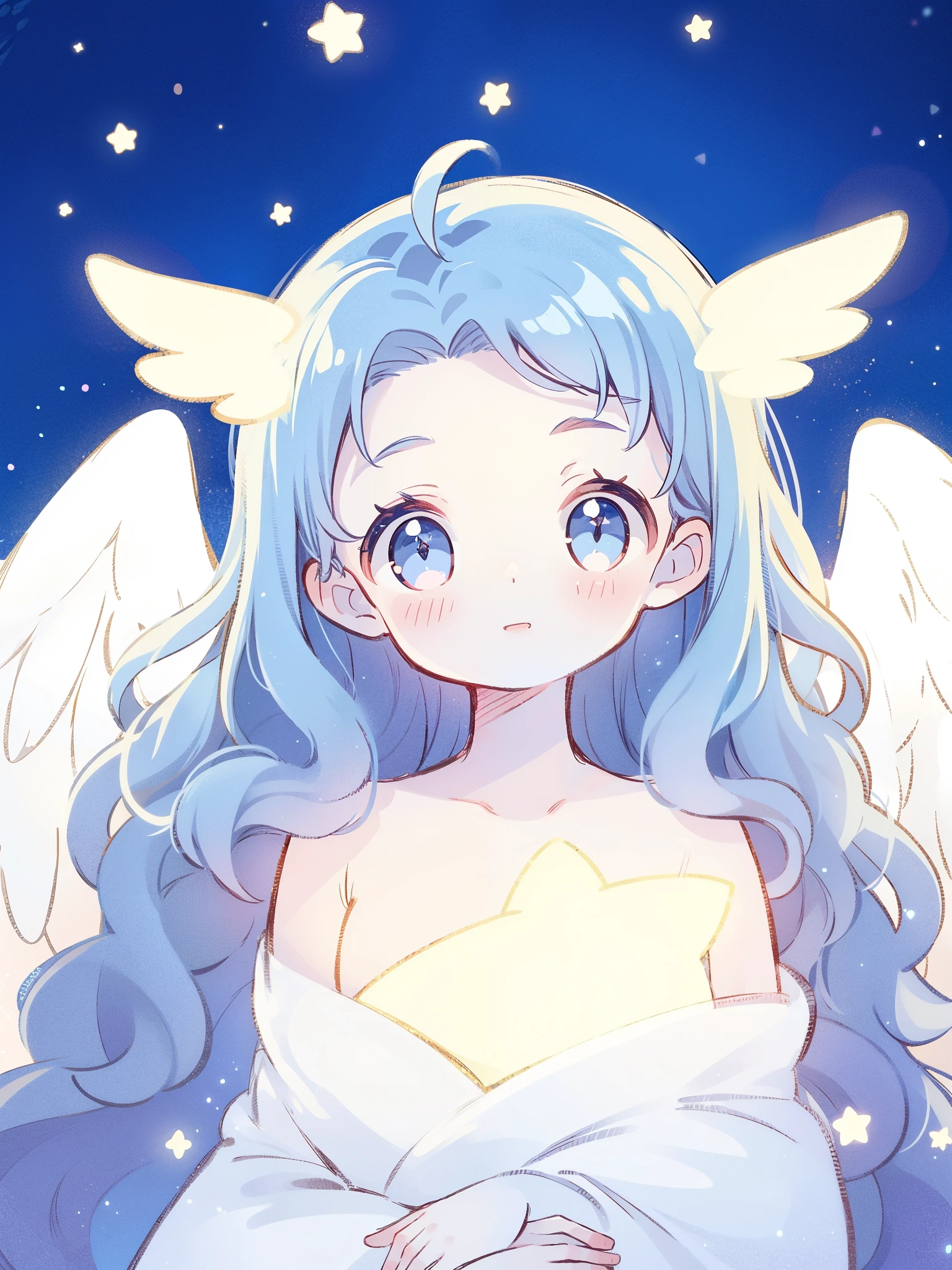 cute nude angel girl wearing an ethereal translucent dress, pale skin, ((wavy blue hair)), white feathers, angel wings, sparkling detailed eyes, golden ratio face, perfect composition, highly detailed, ethereal, (starry night sky background), midjourney style