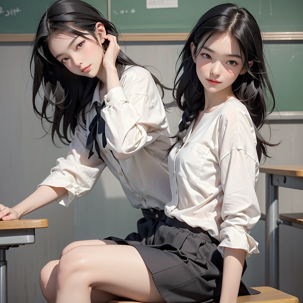 Imagine charming Loundraw-style illustrations, Beautiful school girl drawn. She wears a classic , A fitted skirt and a perfectly lined shirt. Her long black hair, With soft bangs, Falling gracefully on her shoulders. The girl is depicted in a school setting., Quiet and peaceful environment, Illuminated with soft, neutral light. Landscape details, School desks and chairs, Blackboard and books, Carefully rendered to create an authentic feel. The girl's expression is calm and focused., Revealing her determination to study. The illustration conveys a sense of calm and concentration., Expressing the subtle beauty of school life in sensitive and emotive artworks.