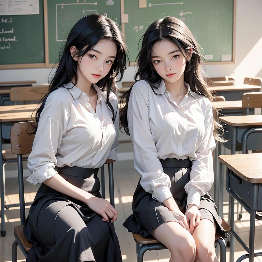 Imagine charming Loundraw-style illustrations, Beautiful school girl drawn. She wears a classic , A fitted skirt and a perfectly lined shirt. Her long black hair, With soft bangs, Falling gracefully on her shoulders. The girl is depicted in a school setting., Quiet and peaceful environment, Illuminated with soft, neutral light. Landscape details, School desks and chairs, Blackboard and books, Carefully rendered to create an authentic feel. The girl&#39;s expression is calm and focused., Revealing her determination to study. The illustration conveys a sense of calm and concentration., Expressing the subtle beauty of school life in sensitive and emotive artworks.