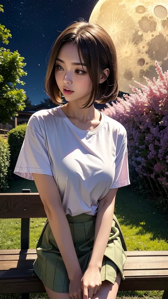 super high quality, masterpiece, Japanese Art, Japanese Beauty, One woman, Medium blonde hair and lilac eyes, Medium brown hair and brown eyes, Colorful clothing, mini skirt, T-Shirts, Open collar, Large Breasts, French kiss, Kiss on the mouth, Tongue kiss, Intimate, Browsing Caution, saliva, Are standing, Blushed, close your eyes, night, Dim lighting, performer, moon, bench, wood, green, Grass, garden
