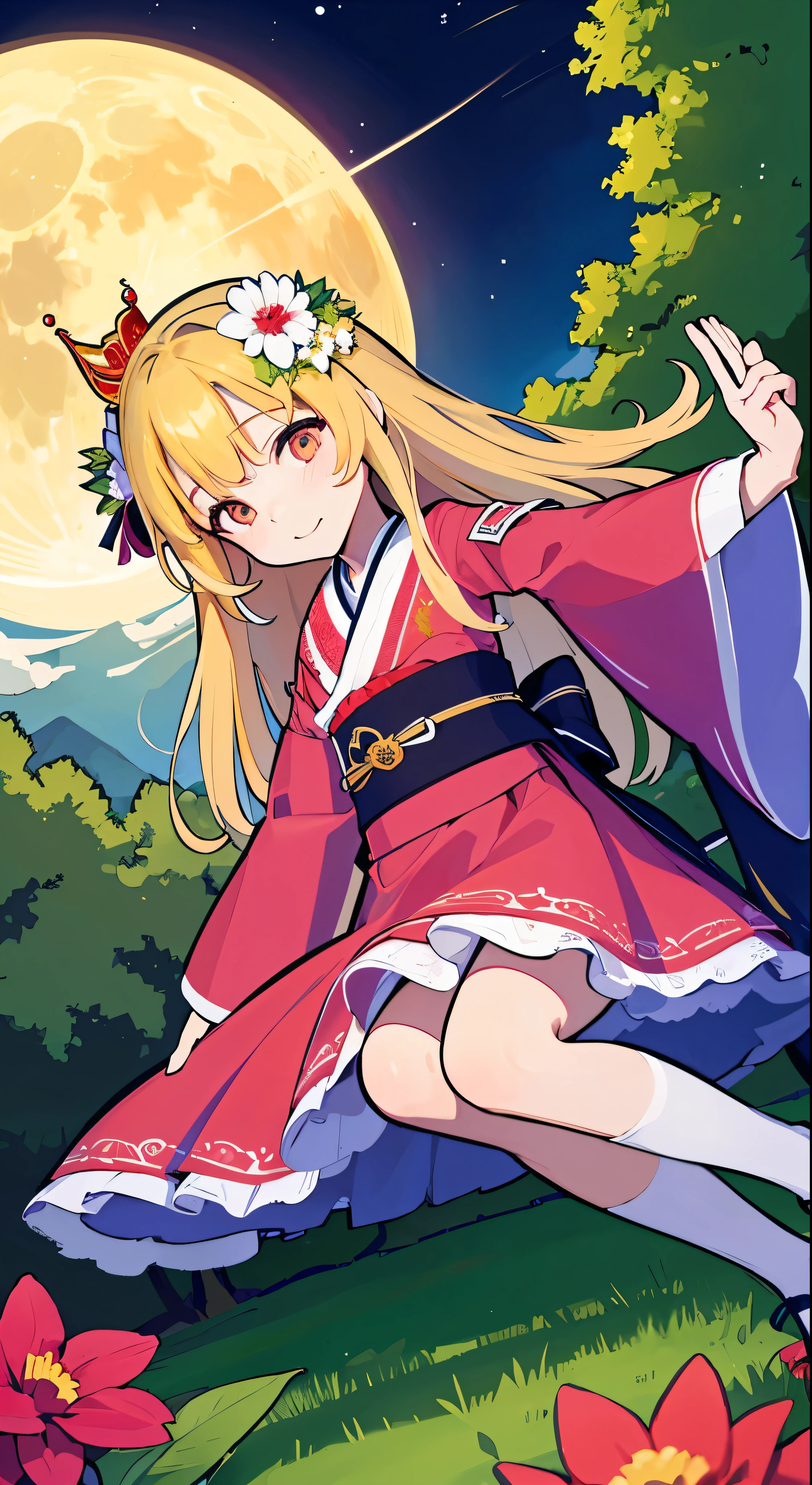 best quality, high_resolution, distinct_image, detailed background ,girl, hanbok,flower,garden,moon, night,dutch angle, wide shot, crown,