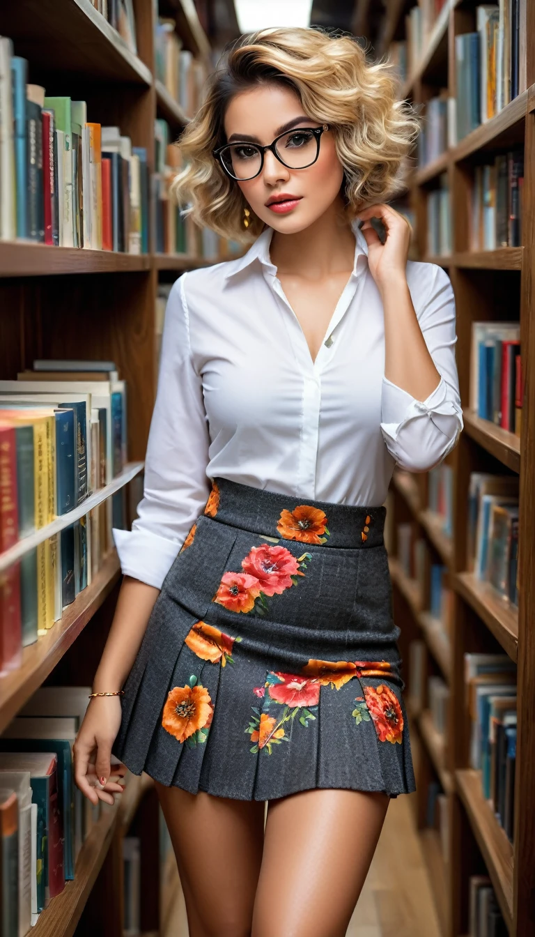 (((beautiful beautiful Isabela Merced, posing for photoshots, looking sexy, closed lips, extremely beautiful eyes))), ((wearing floral silver necklace)), realistic photoshotgraph, highy detailed, Spitz focus, (Main lighting), (indoor bookstore environment), work of art, very short and curly hair, bangss, bangss covering forehead, cabelo curto com bangss, cabelo curto com bangss cobrindo a testa, cabelo curto com bangss ((((cabelo curto com bangss cobrindo a testa)))), ((Short blonde hair, selvagem e cacheado e bangss:1.2)) extremely beautiful, Perfect beauty, (perfect shape body, Broad Hips, small waist, thick-thighs, firm abs, Body cute, sexy legs, gorgeous knees knees, kneecaps, focus on the knees, breasts small), ((30 years old)), (extremely detaild 8k wallpaper), ((face detailed)), (((wearing  white shirt, saia curta de tweed, kneecaps, knees, nylons with a seam, Strad sandals)), (long dark eyelashes), (((aretes))), (looking at the camera), (((kneecaps)))) (glamor model), (seductive facial expression) (((standing between tall shelves full of books))), extremely detaild, work of art, details Intricate, highy detailed, Spitz focus, skin detailed, realistic skin texture, texture, detailedeyes, high resolution, kodak vision color, photoshot_\(ultra\), Post-processing, maximum detail, roughness, real-life, ultra realistic, photoshotrealism, photoshotgraphy, absurderes, RAW photoshot, highest quallity, high detail RAW color photoshot, professional photoshot, extremely detaild UHD 8k wallpaper unit, best qualityer, high resolution, (work of art, maximum quality, high resolution:1.4), photoshot, cinematic, Film grain, Spitz, soft natural light, magic photoshotgraphy, super verbose, ((whole body: legs 1.3)) librarian glasses, nerd glasses,  ((pleated skirt: skirt 1.3))