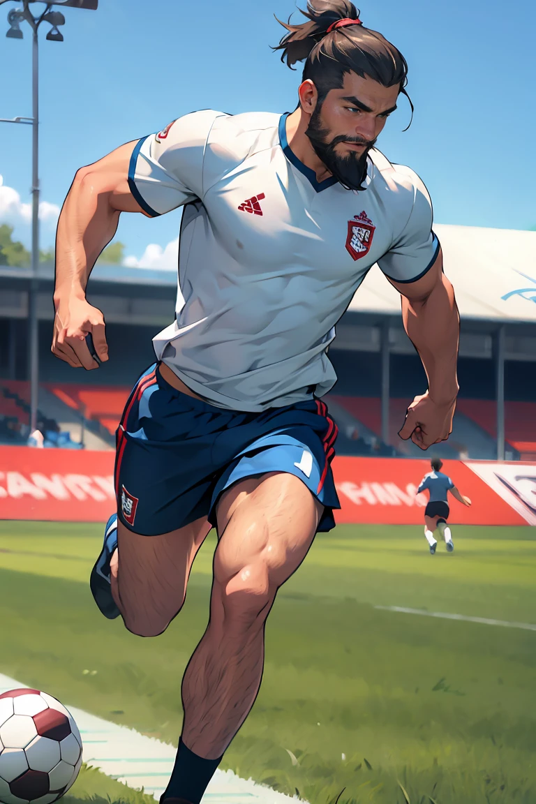 A sexy strong mature male soccer player, beard, shirtless, running on a soccer field, short slipping down as he run, dick view, dick sneaky peak