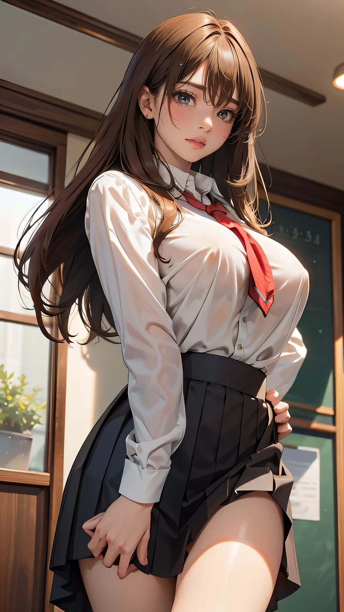 porn image.(from below:1.2),(1girl,ultra detailed skin,curvy,,beautiful breasts,large breasts,pale skin,pointy breasts,erect nipples),(Hyperrealist portrait,(8k),ultra-realistic,high detail,high resolution,best quality,masterpiece,Sense of presence,Dynamic,bold),(thin and soft hair:1.8),(straight hair),(Swept long bangs),(extra light coppery amber hair),(hair over one eye),(clothed:1.5,school uniform:1.5)
