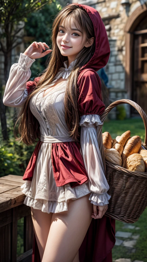 4K, Realistic,Very detailed,((Big Breasts))、18-year-old、((smile))、(Little Red Riding Hood)、(Medieval clothing)、(mini skirt)、Thigh-high stockings、(Carrying a basket of bread and wine)、grassland、((Delicate painting)),(Detailed RAW photos of girls), (Masterpiece:1.25), (Highest quality:1.6), (Ultra-high resolution:1.5), (Realistic:1.75), 8K resolution,:1.6), Canon EOS R5, 50mm,Very detailedな,Cinema Lighting