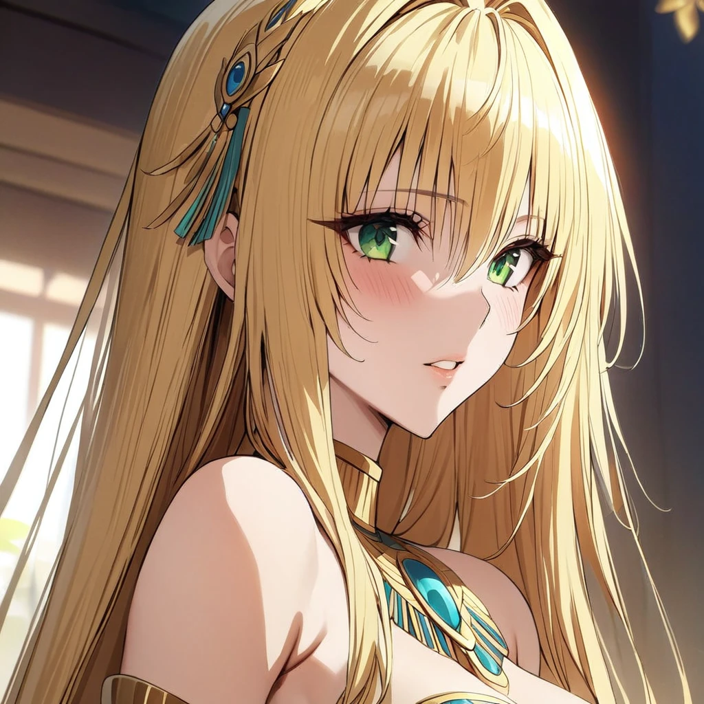 ((Highest quality)), ((masterpiece)), (detailed), （Perfect Face）、The woman is Tiare, with green eyes, medium-long blonde hair, and Egyptian clothing.