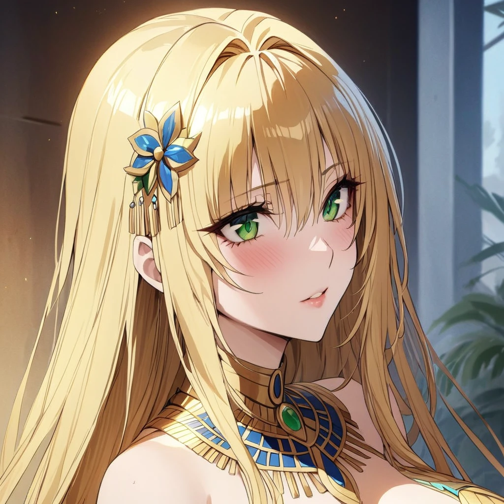 ((Highest quality)), ((masterpiece)), (detailed), （Perfect Face）、The woman is Tiare, with green eyes, medium-long blonde hair, and Egyptian clothing.