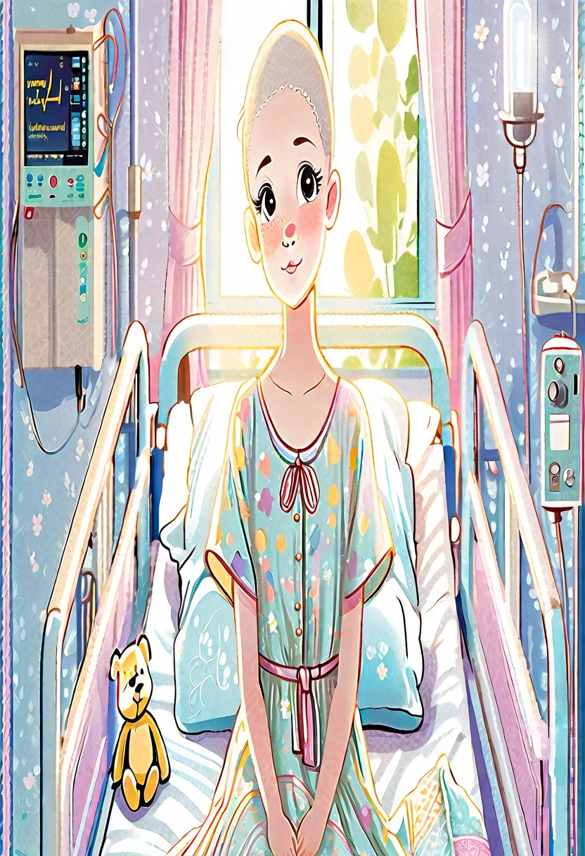 A digital illustration of a 9--old l with a shaved head due to illness, with a gentle, hopeful expression on her face, conveying strength and resilience, wearing a simple, light-colored dress, sitting on a hospital bed with a soft, warm light coming from a window beside her. The background shows a clean and comforting hospital room with a few personal touches like a teddy bear and a colorful blanket on the bed. Soft, pastel colors, clean line art, and detailed expressions. Created Using: digital illustration, shoujo manga style, vibrant colors, meticulous detailing, expressive faces, light-hearted atmosphere,narrative storytelling --ar 16:9