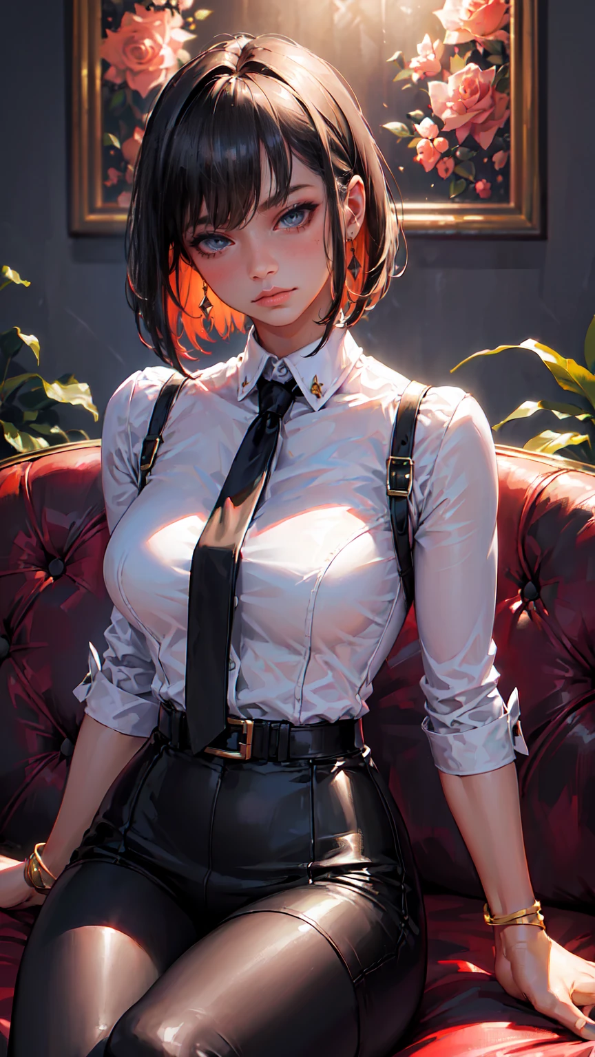 (Epic Showcase Designs in Detail)(Masterpiece, Best Quality, Ultra High Resolution , Digital Art,Beautiful and Aesthetic )Perfect proportions of the body , not an ordinary perspective . ( One Fashionable adult girl with a short oblique bob, slender figure, ) suit in professional performance , long tie , (silk thick threads of red color ) , . The character sits on a large massive leather sofa , an atmospheric pose ,( 2.5D style . realistic anatomy , beautiful perspective . Best image quality , pastel color , focus on the face , well detailed eyes , detailed background in boudoir style . )