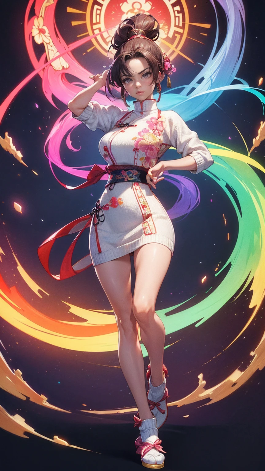 nighttime,full body,KOF:Mai Shiranui ,(((Wearing vibrant rainbow color scheme art, Suzhou embroidery technology; knitted sweater hole dress))),The mirror, Masterpiece,best quality,official art,extremely detailed 3DCG unity 8k, ( ##tattoo ##,tattoo, ~+ tattoo),(Perfect female curves, huge breast),(A seductive gaze), Facing the camera, Pink lips,Delicate fingers and hands,magic hour, Rembrandt lighting, front lighting and fill lighting, hard shadow, Arnold render,