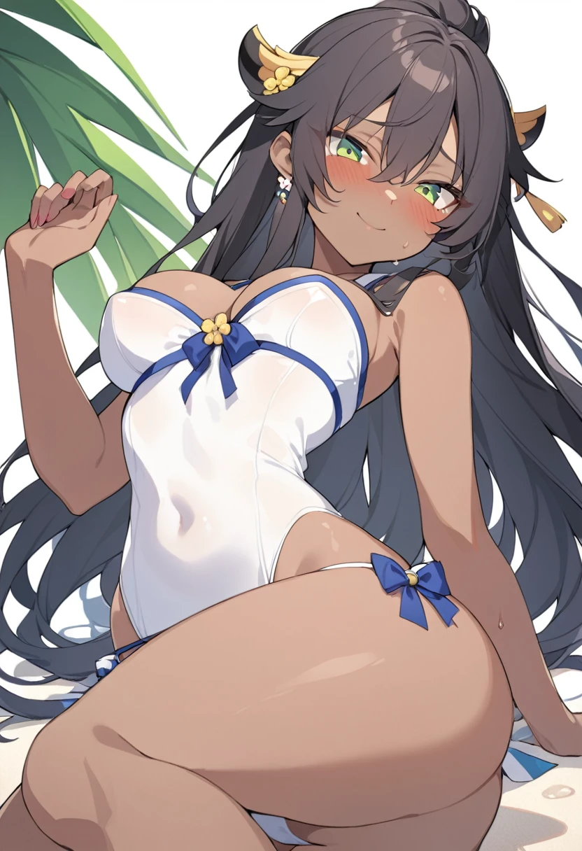 1girl, 独奏,black dark skin,breasts,thighs,dark-skinned female, green eyes, long hair, smile,Swimwear,Embarrassed face