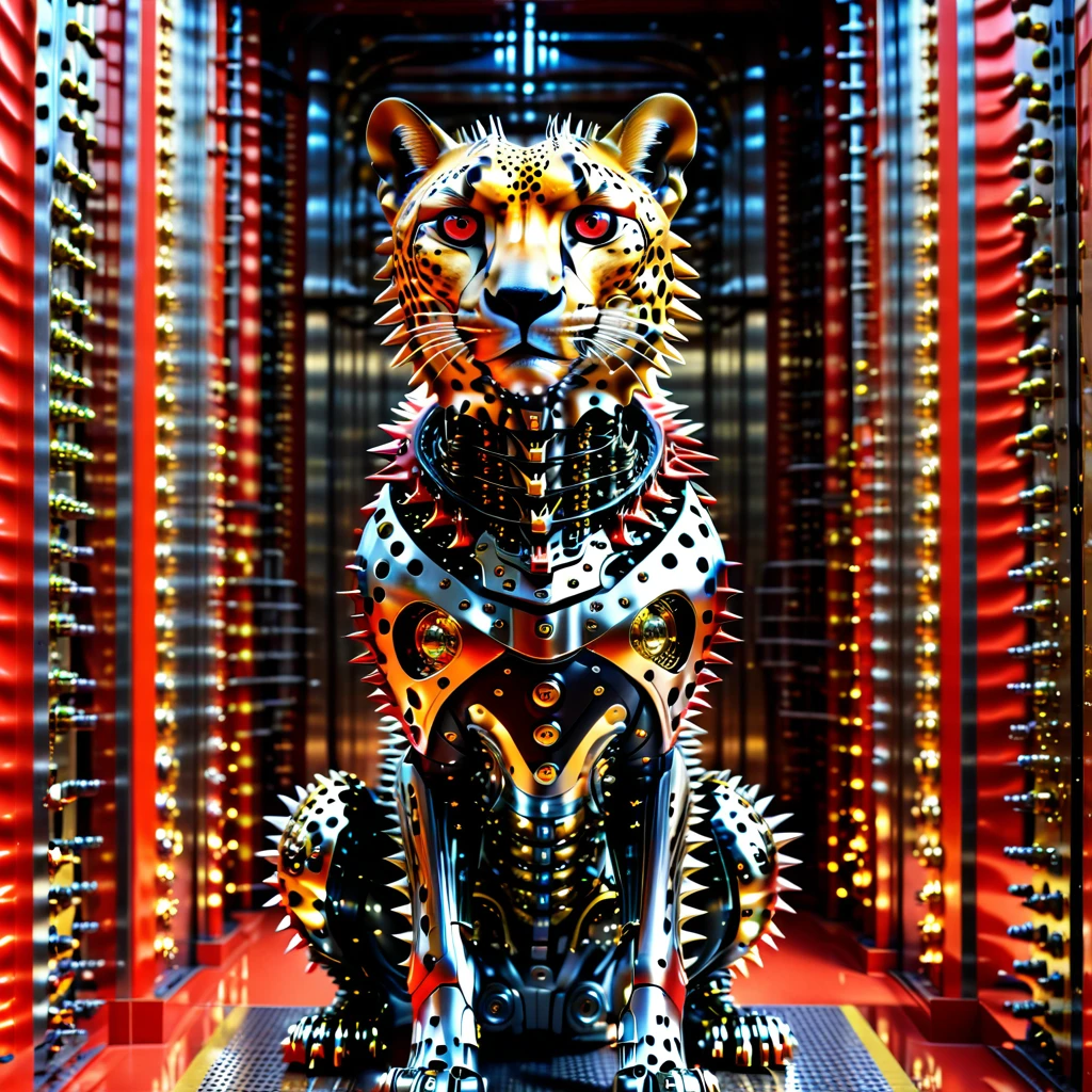 There is nobody, Photos of Reality, Photos of Reality, Realistic photo of a cheetah-like creature, spikes, multicolored sparkling wine, strange and, surreal e, the other world, A robotic factory with a brilliant assembly plant, details Intricate, very sharp, sophisticated details, impeccable composition, bright coloured, work of art, futurist, metallic decoration, The bright red interior is empty., polished, ray tracing