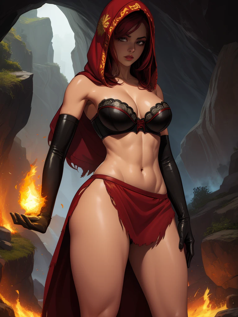 Dsorceress, redhair, shadowy face,dark cave, fire, hood, shadowed face, strapless bra, slim and athletic body, miniskirt, no panty, elbow gloves, dark skin, 1 girl (insanely detailed, masterpiece, best quality)