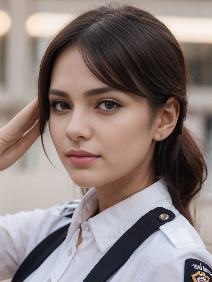 Arafed woman in uniform saluting for the camera, Extremely beautiful face, beautiful girl model, very beautiful face, beautiful delicate face, sharp beautiful face, attractive beautiful face, beautiful attractive face, beautiful delicate face, beautiful model girl, beautiful realistic face, Beautiful face portrait, ultra beautiful face, detailed beautiful face, beautiful female model, realistic beautiful face  