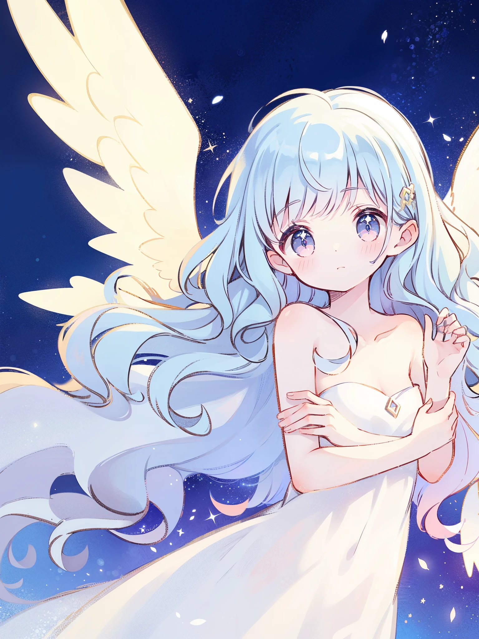 nude angel girl wearing an ethereal translucent dress, pale skin, ((wavy blue hair)), white feathers, angel wings, sparkling detailed eyes, golden ratio face, perfect composition, highly detailed, ethereal, (starry night sky background), midjourney style
