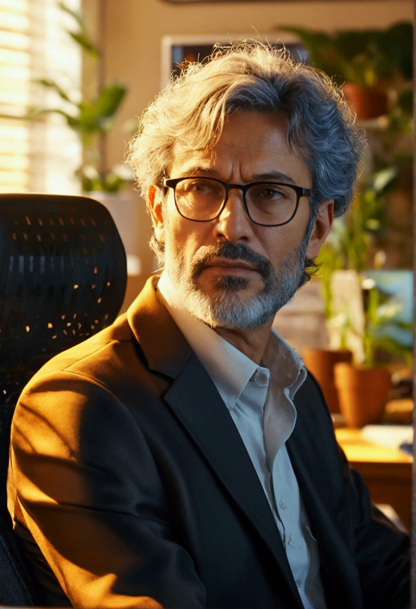 a middle-aged computer engineer, 50 years old, sitting in an office chair in front of a computer, detailed facial features, professional attire, thoughtful expression, office setting, warm lighting, photorealistic, masterpiece, ultra-detailed, highly realistic, 8k, sharp focus