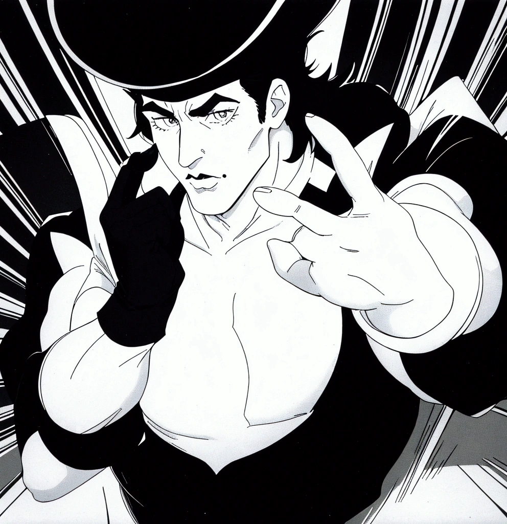 I need a circus magician from the 90s (naughty man) wearing gloves with the hands in the center of the body as if showing something by putting the hands together, with the top hat covering your face. ((80s black and white animation))