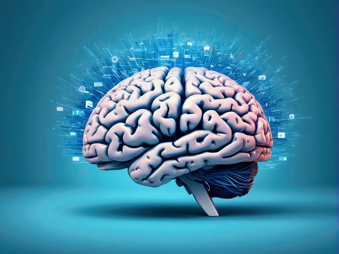 A striking image showing a brain with layers of digital information piling up, symbolizing mental obesity. The text "Is It Worth Getting Information Overload?" is displayed at the top in blue. The background should be a clean, minimalist design with the focus on the brain and the digital layers.
