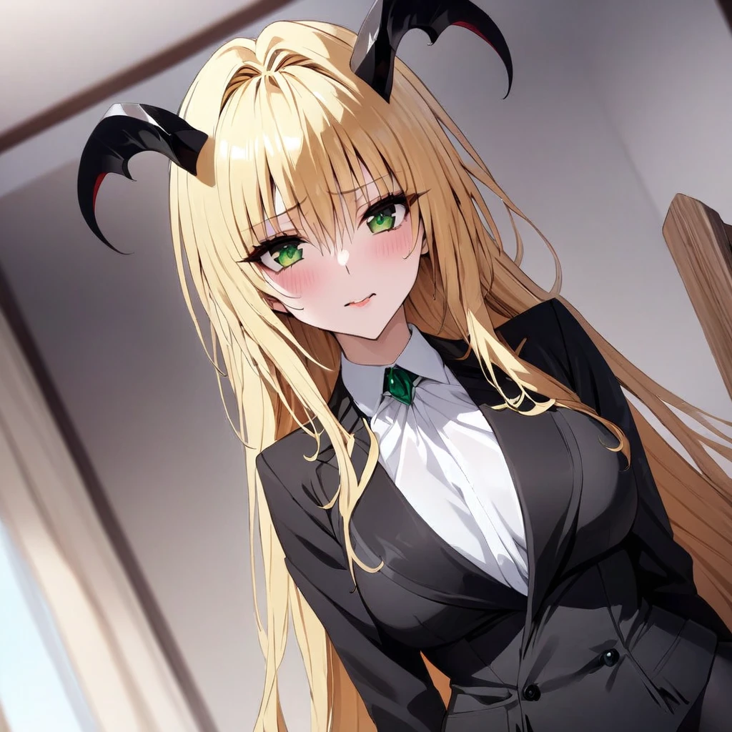 ((Highest quality)), ((masterpiece)), (detailed), (Perfect Face)、The woman is Tearju, a female demon with green eyes and medium-long blonde hair.