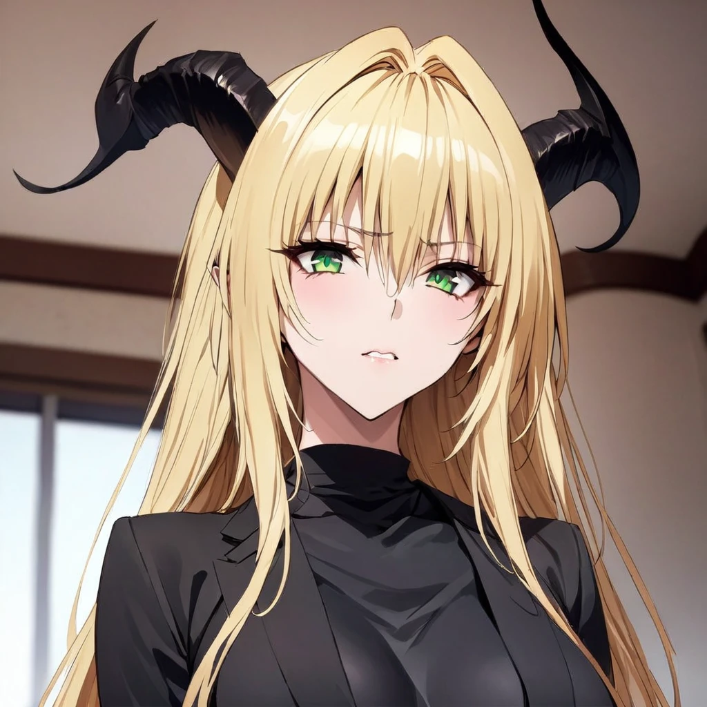 ((Highest quality)), ((masterpiece)), (detailed), (Perfect Face)、The woman is Tearju, a female demon with green eyes and medium-long blonde hair.