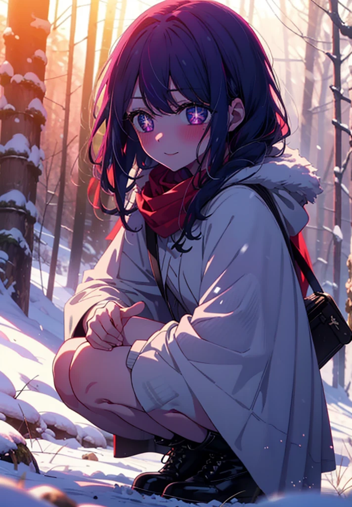 aihoshino, Ai Hoshino, Long Hair, bangs, (Purple eyes:1.1), Purple Hair, (Symbol-shaped pupil:1.5), smile,,smile,blush,White Breath,
Open your mouth,snow,Ground bonfire, Outdoor, boots, snowing, From the side, wood, suitcase, Cape, Blurred, , forest, White handbag, nature,  Squat, Mouth closed, Cape, winter, Written boundary depth, Black shoes, red Cape break looking at viewer, Upper Body, whole body, break Outdoor, forest, nature, break (masterpiece:1.2), Highest quality, High resolution, unity 8k wallpaper, (shape:0.8), (Beautiful and beautiful eyes:1.6), Highly detailed face, Perfect lighting, Extremely detailed CG, (Perfect hands, Perfect Anatomy),