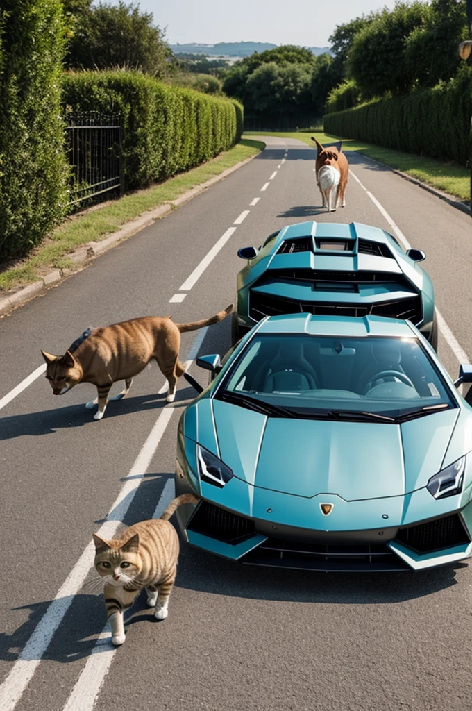 Cat walking a dog in a lambo
