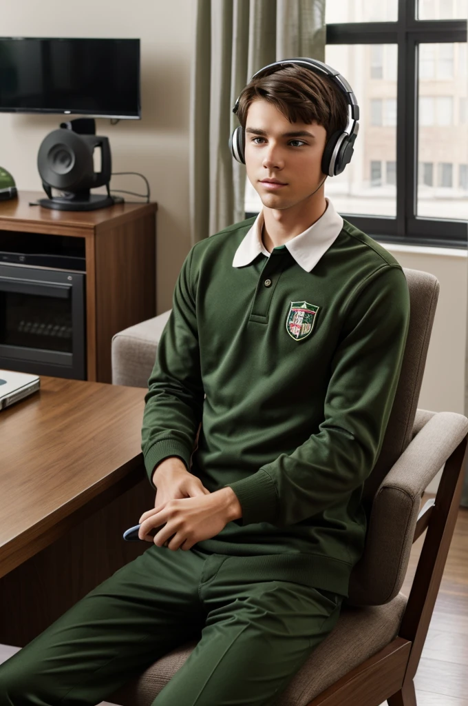 A boy with dark brown hair,green eyes, straight and tousled hair ,is at UA school,with the uniform in the living room,sitting in a chair with his headphones and phone listening to music