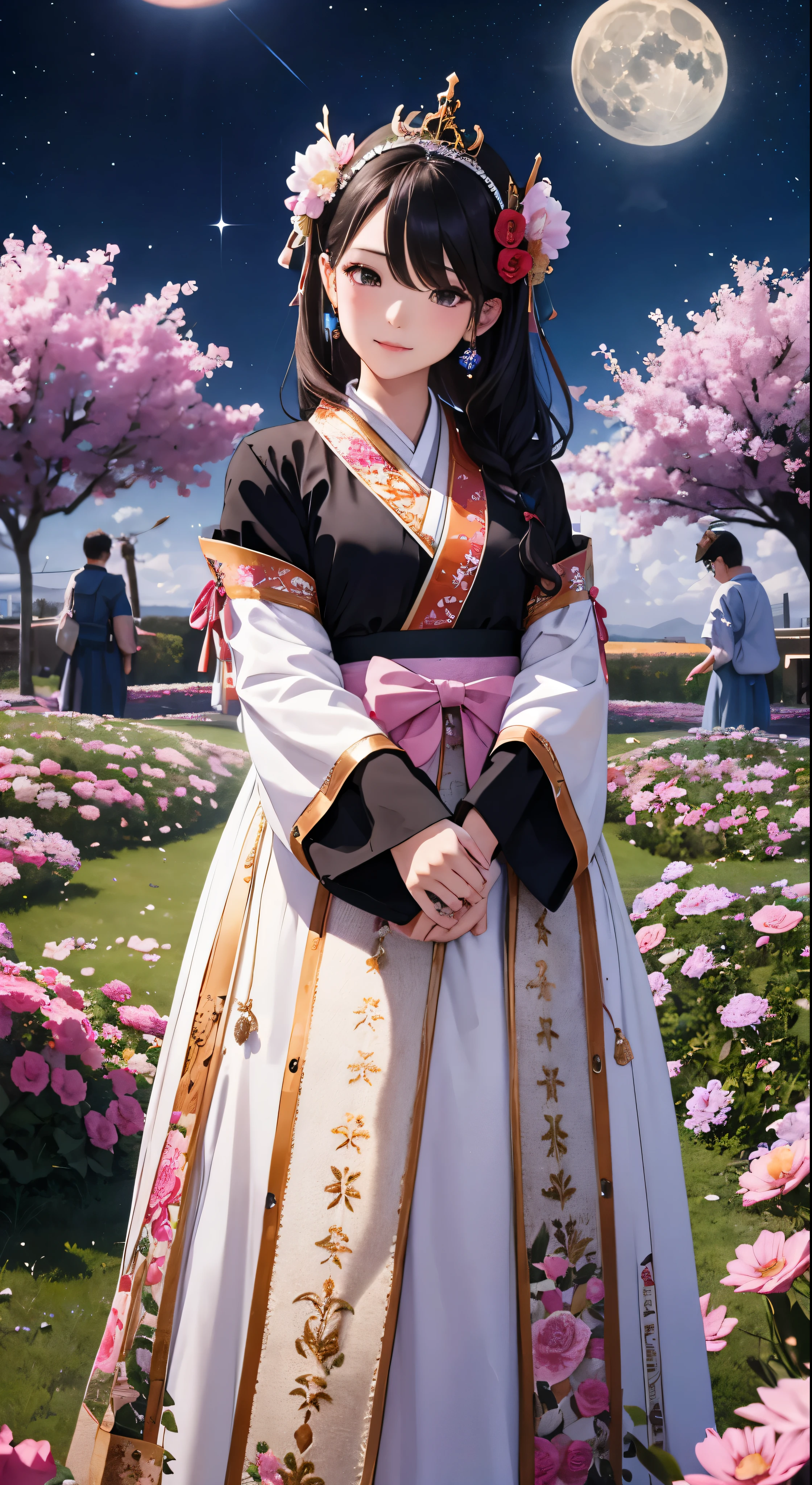 Highest quality、high_resolution、distinct_image、Detailed Background、girl、hanbok、flower、garden、moon、night、Dutch Angle、Wide Shot、Crown、