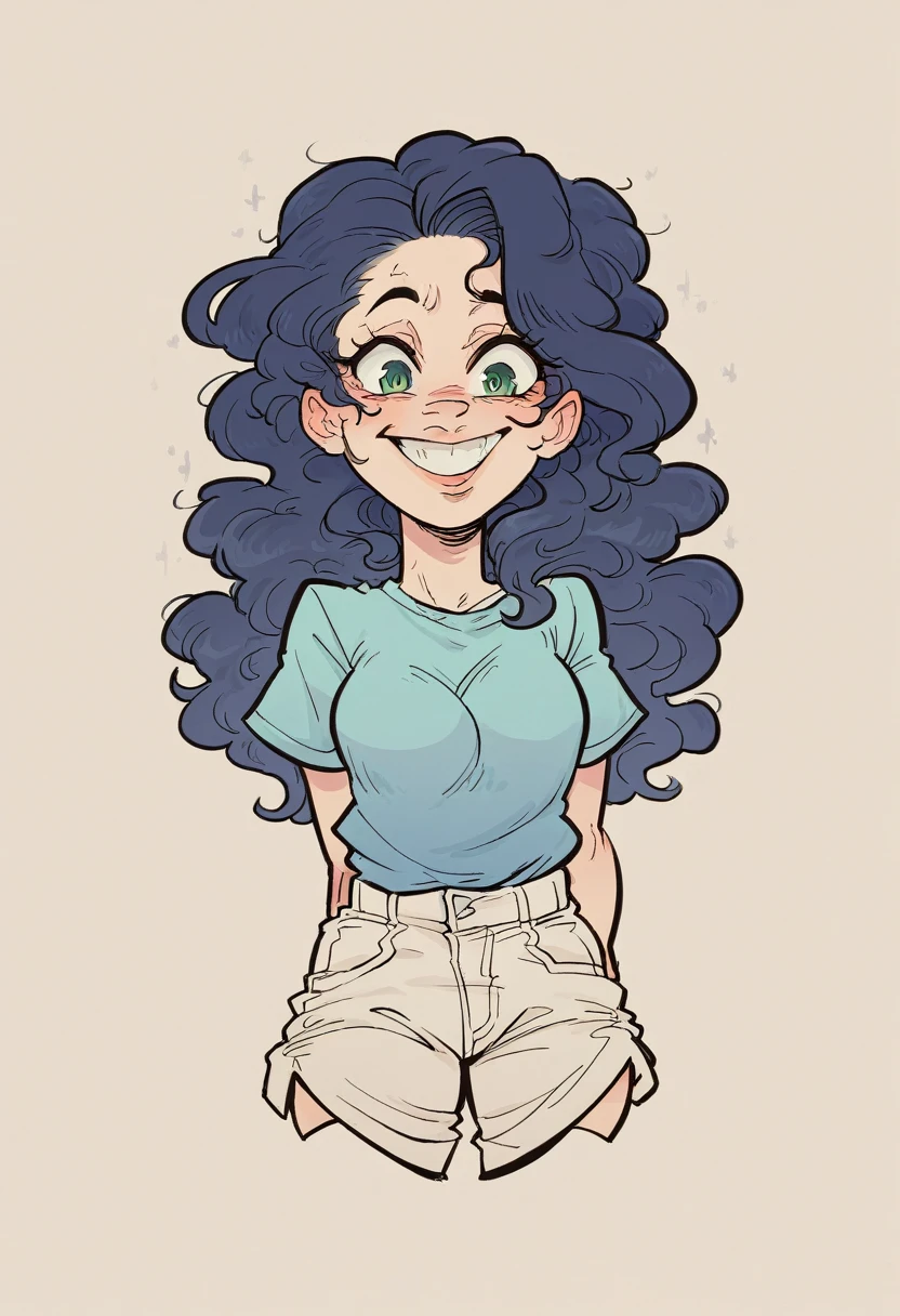 Draw a character in animated art style, with a vibrant and expressive appearance. The character must have exaggerated characteristics, like big, expressive eyes, a wide, fun smile, and a relaxed and playful posture. The background should be simple and not distract from the main figure. The color palette should be bright and attractive, with details that add a touch of charm and personality to the character. The character must wear casual and modern clothing, like denim shorts and a t-shirt tied around the waist, and must have long, wavy hair, brightly colored."