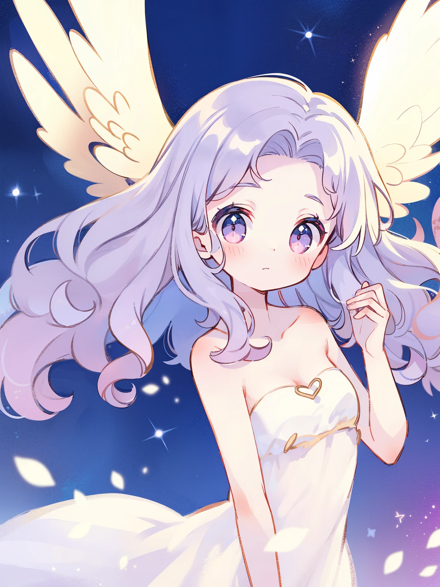 nude angel girl wearing an ethereal translucent dress, pale skin, ((wavy lilac hair)), white feathers, angel wings, sparkling detailed eyes, golden ratio face, perfect composition, highly detailed, ethereal, (starry night sky background), midjourney style