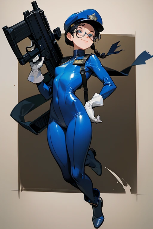 A freckled girl with glasses and black hair tied up in a blue enamel catsuit wearing a police cap, wearing white gloves and white boots, smiling while holding a submachine gun
