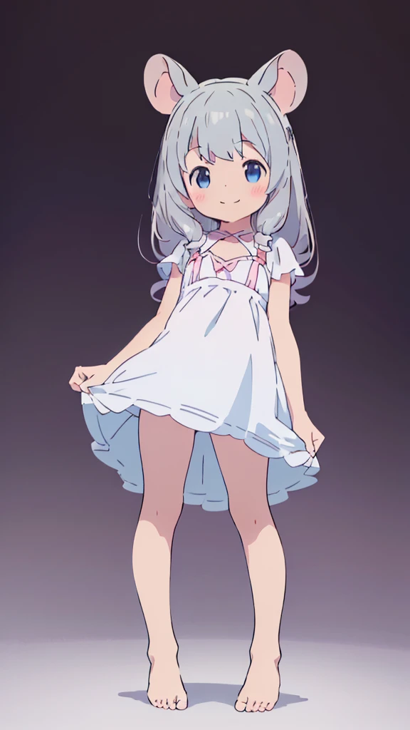 ((masterpiece))((Highest quality))Mouse Ears、girl、smile、blush、Flat Chest、Are thin、、low length、Gray Hair、blush、Are standing、Whole body image、Even your toes are visible、Eye level on face、front、No background、Mouse pose、真frontのアングル、