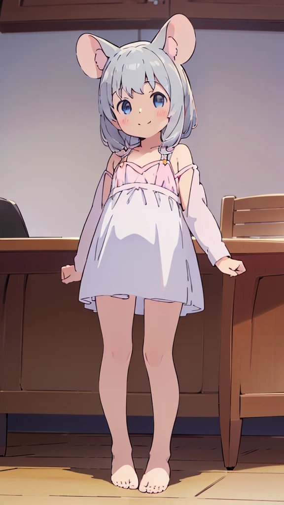 ((masterpiece))((Highest quality))Mouse Ears、girl、smile、blush、Flat Chest、Are thin、、low length、Gray Hair、blush、Are standing、Whole body image、Even your toes are visible、Eye level on face、front、No background、Mouse pose、真frontのアングル、