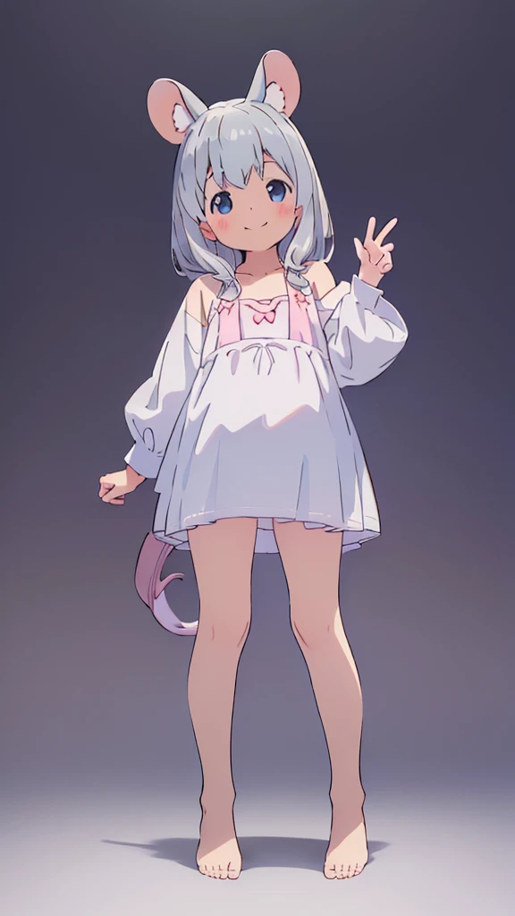 ((masterpiece))((Highest quality))Mouse Ears、girl、smile、blush、Flat Chest、Are thin、、low length、Gray Hair、blush、Are standing、Whole body image、Even your toes are visible、Eye level on face、front、No background、Mouse pose、真frontのアングル、
