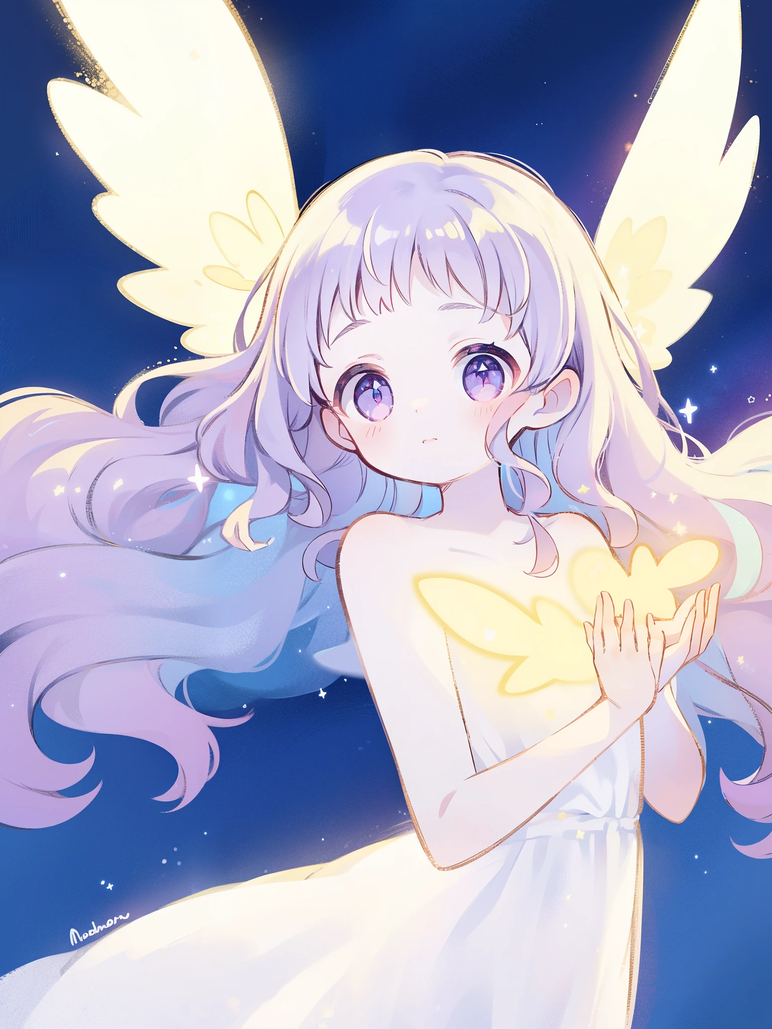 nude angel girl wearing an ethereal translucent dress, pale skin, ((wavy lilac hair)), white feathers, angel wings, sparkling detailed eyes, golden ratio face, perfect composition, highly detailed, ethereal, (starry night sky background), midjourney style