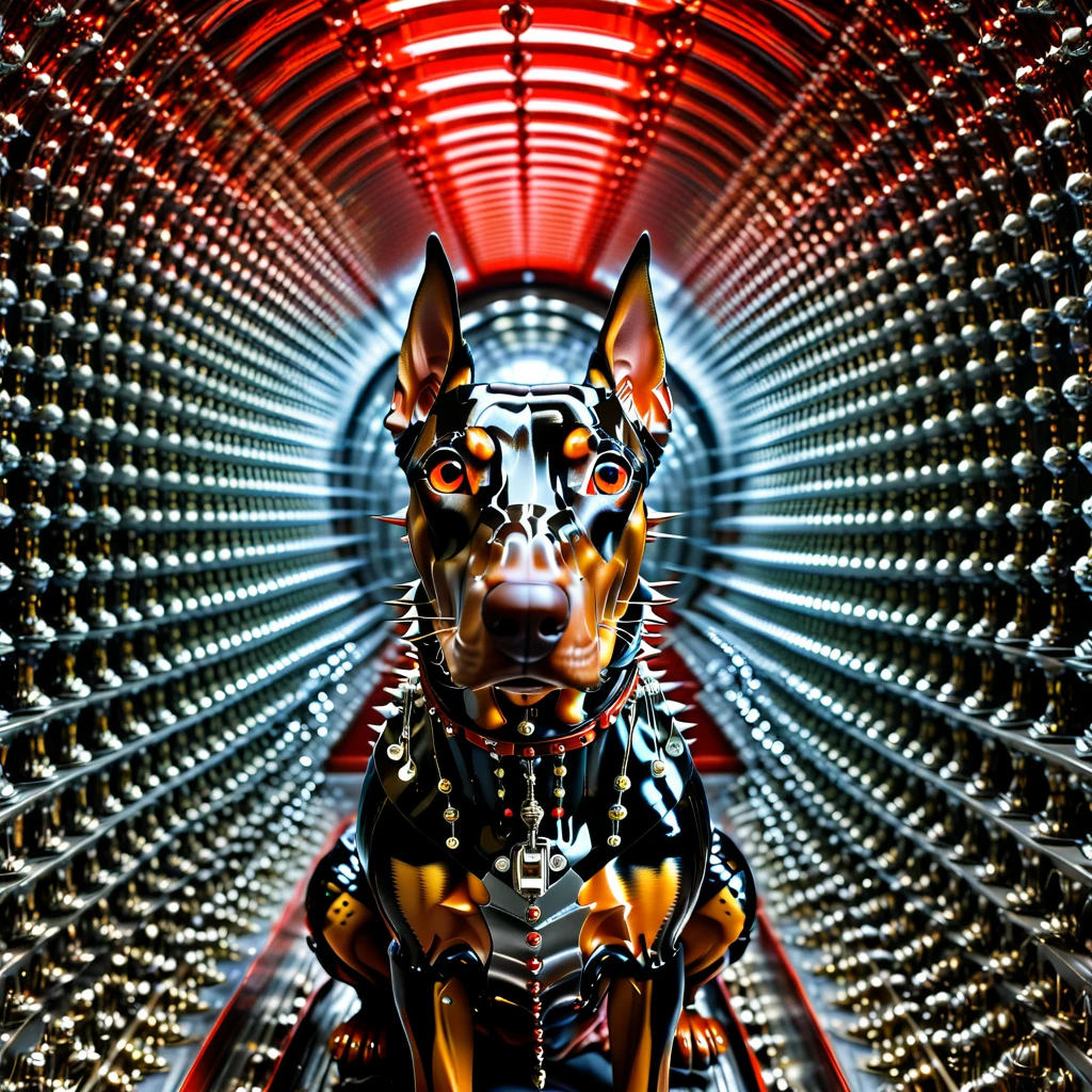 There is nobody, Photos of Reality, Photos of Reality, Realistic photos of creatures like Dobermans, spikes, multicolored sparkling wine, strange and, surreal e, the other world, A robotic factory with a brilliant assembly plant, details Intricate, very sharp, sophisticated details, impeccable composition, bright coloured, work of art, futurist, metallic decoration, The bright red interior is empty., polished, ray tracing
