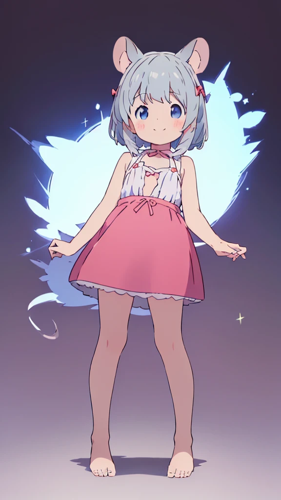 ((masterpiece))((Highest quality))Mouse Ears、girl、smile、blush、Flat Chest、Are thin、、low length、Gray Hair、blush、Are standing、Whole body image、Even your toes are visible、Eye level on face、front、No background、Mouse pose、真frontのアングル、